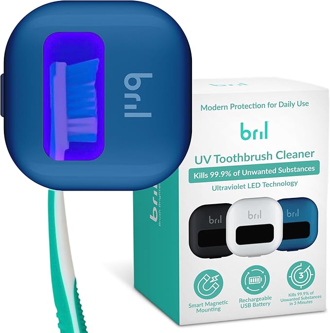 Bril UV-C Toothbrush Cleaner and Holder – Wall Mounted Toothbrush Head Cover, Electric & Manual Brush Cleaner Cover Case with Magnetic Mount, Portable, Durable, Rechargeable, Universal Fit – Navy
