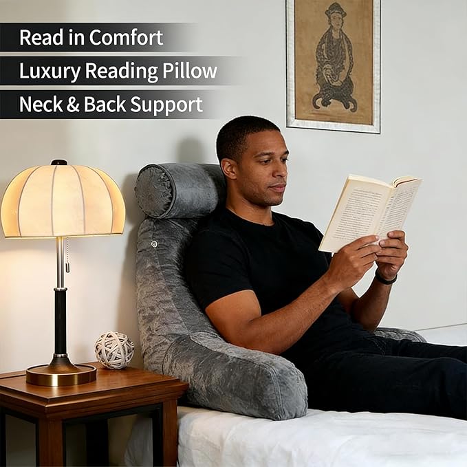 Reading Pillow for Sitting in Bed with Detachable Neck Roll & Big Bed Backrest Pillow Back Support Pillow Chair Pillow with Washable Cover for Adult with Arms and Side Pocket Shredded Foam