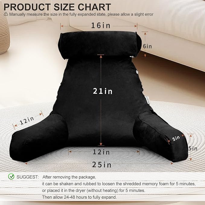 Reading Pillow for Sitting in Bed Adult with Detachable Neck Roll & Big Backrest Pillow for Bed Sitting up with Arms Side Pocket Shredded Foam Large Back Chair Pillow with Washable Cover