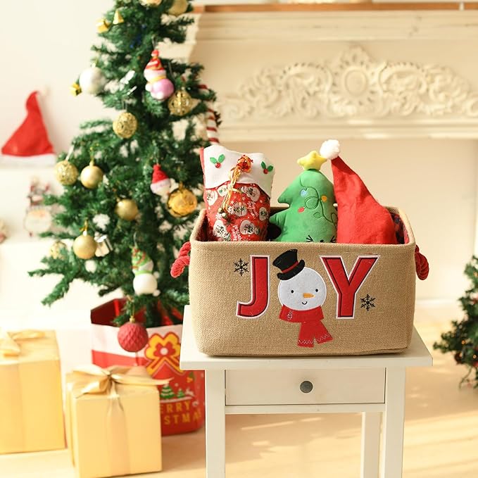 INough Christmas Basket Large Christmas Baskets for Gift Empty with Handles, Christmas Gift Baskets Collapsible Gift Basket Empty Christmas Decor for Kidsroom Nursery Play Room (Medium, Joy)