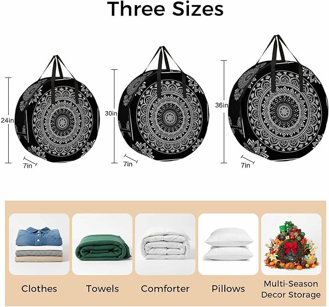 Storage Bag Black Boho Round Storage Totes Bins Closet Organizers with Zippers & Handle Gorgeous Bohemian Flower Clothes Storage Container for Bedroom Dorm Space Saving Packing Supplies Moving Bags