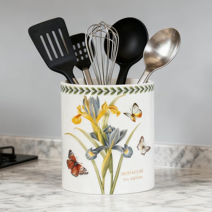 Floral Kitchen Utensil Holder, 7.1 Inch Large Ceramic Crock, Sunflower Pattern, White Kitchen Counter Organizer (Papaver rhoeas)