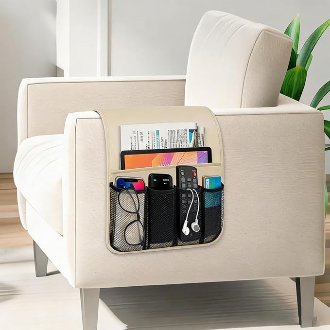 Armchair Caddy for Couch Remote Control Holder Recliner Armrest Organizer Non Slip Sofa Arm Chair Caddie with 6 Pocket Storage for Magazine, Tablet, Phone, iPad, Chocolate Leather white