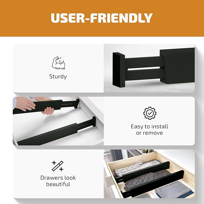 4-Pack Black Drawer Dividers - Fits Drawers 12.2 to 17.3 Inches Deep, 2.6 Inch High, 0.6 Inch Thick, Adjustable Bamboo Drawer Organizers Separators for Dresser Clothes, Kitchen, Bathroom, Home, Office