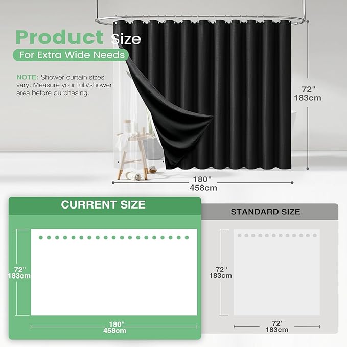 Dynamene Extra Wide Shower Curtain and Liner Set - 180 inch Wide Waffle Fabric, Waterproof Clear Liner, Heavy Duty Weighted Hotel Luxury Cloth Shower Curtains for Bathroom with 32 Hooks, 180x72, Black