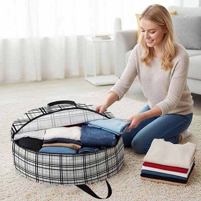 Storage Bag Sage Green Buffalo Plaid Round Storage Totes Bins Closet Organizers with Zippers & Handle Black Check Stripe Clothes Storage Container for Bedroom Dorm Space Saving Packing Supplies Bags