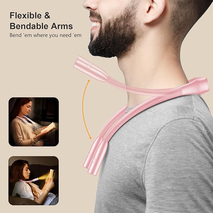 Gritin LED Neck Reading Light,Book Light for Reading in Bed-Eye Caring 3 Colors, Dimmable Brightness, Bendable Arms, 80+Hrs Runtime, Neck Round Design, Lightweight for Crafting, Knitting-Pink