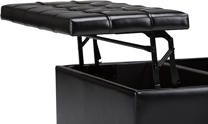 SIMPLIHOME Harrison Coffee Table Storage Ottoman - 36 inch Wide Upholstered Vegan Leather Square Lift-Top Ottoman in Midnight Black, Transitional Ottoman for Living Room with Hidden Storage