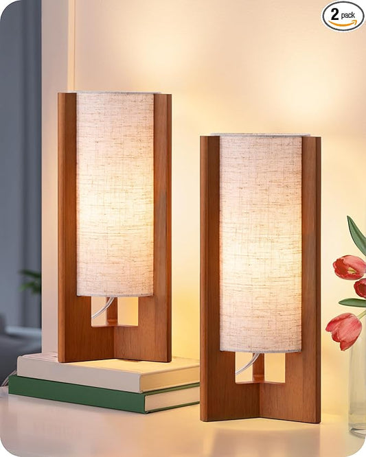 EDISHINE Wood Table Lamps, 13.5" Small Bedside Lamp, Beige Linen Shade, Rose Wood Cylinder Modern Nightstand Lamp for Bedroom Living Room, On-Off Line Switch, E26 Base (Bulb Not Included), 2Pack