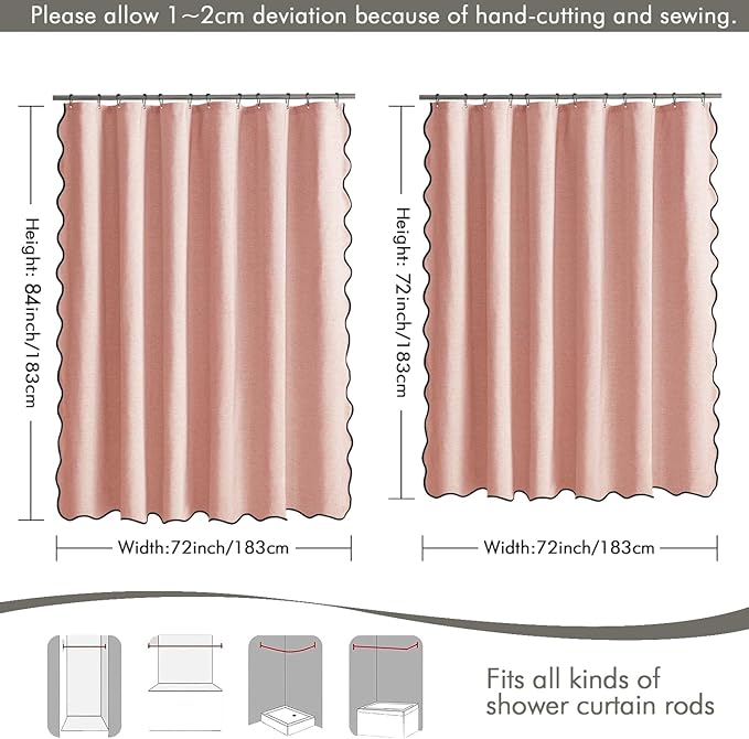 MIULEE 84" Long Scalloped Shower Curtain Linen Textured with 12 Metal Hooks Cute Extra Long Heavy Duty Washable Waterproof Cloth Curtains with Black Border for Bathroom Hotel Bathtub,Blush Pink