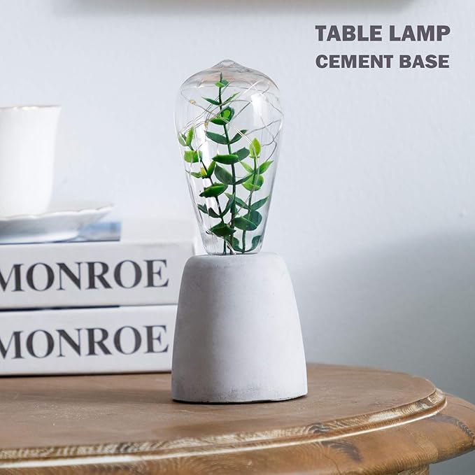 walsport Table Lamp Edison Bulb with Artificial Plant, Concrete Cement Grey Base Nightstand Bedside Lamp, Industrial Minimal Style for Cafe Shop Home Decor Christmas Birthday Gift