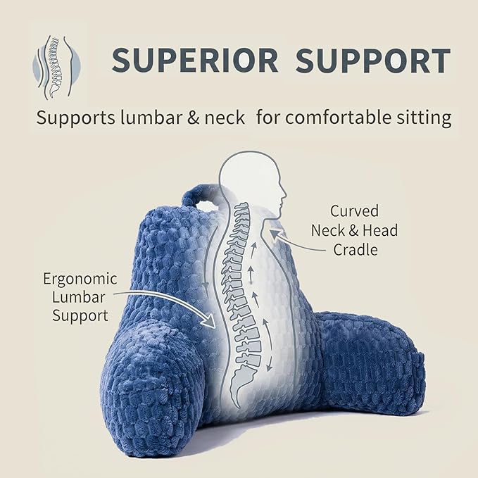 Faux Fur Reading Pillow for Bed Adults, Ultra Soft Plush Floor Backrest Pillow with Side Pockets for Bed & Couch, Perfect for Reading, Watching TV, Gaming, Relaxing, Blue