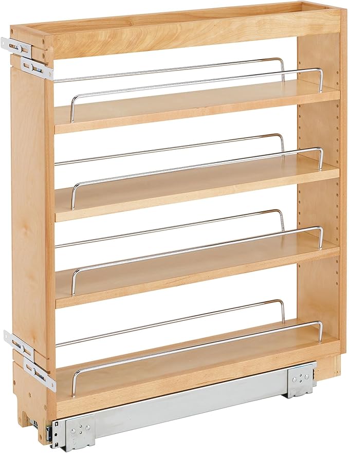Rev-A-Shelf 5" Wood Pullout Kitchen Cabinet Organizer for 5.5" W Opening - Spice Caddy & Seasoning Rack Sliding Storage with Adjustable Shelves for Pantry Organization, 448-BC-5C