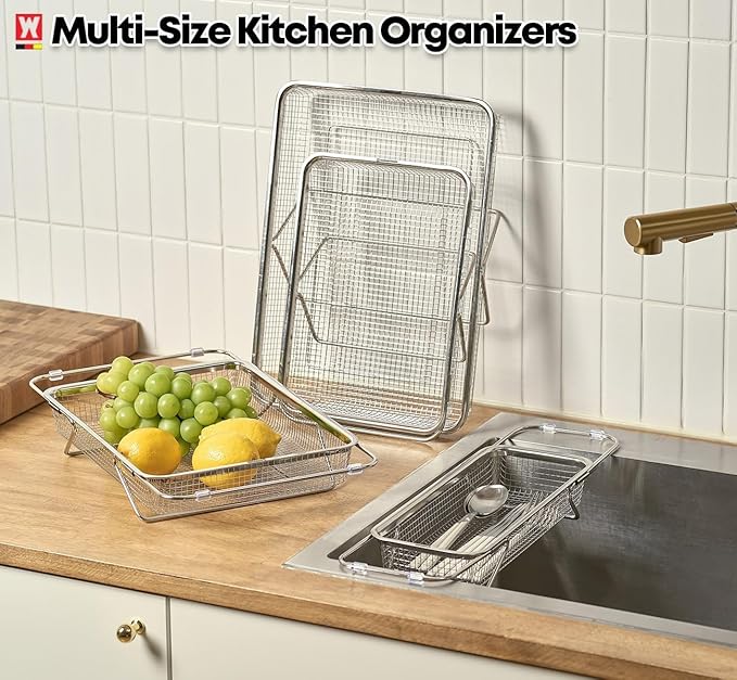 WAGENSTEIGER Extendable Dish Rack with Feet, Vegetable Colander Basket, Stainless Steel Dish or Silverware Drying Rack, Ultimate Kitchen Organizer Over the Sink (14.76 x 10.63 x 3.15 Inches)