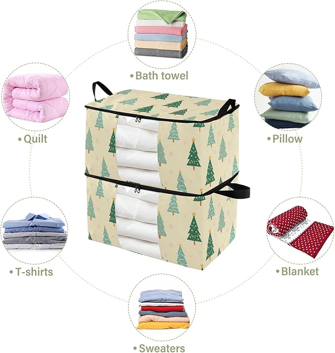 Burbuja Christmas Tree Clothes Storage Bag with Lids and Handle, 2 Pack Foldable Blanket Storage Container with Sturdy Zipper & Clear Window for Bedroom Closet, 60L
