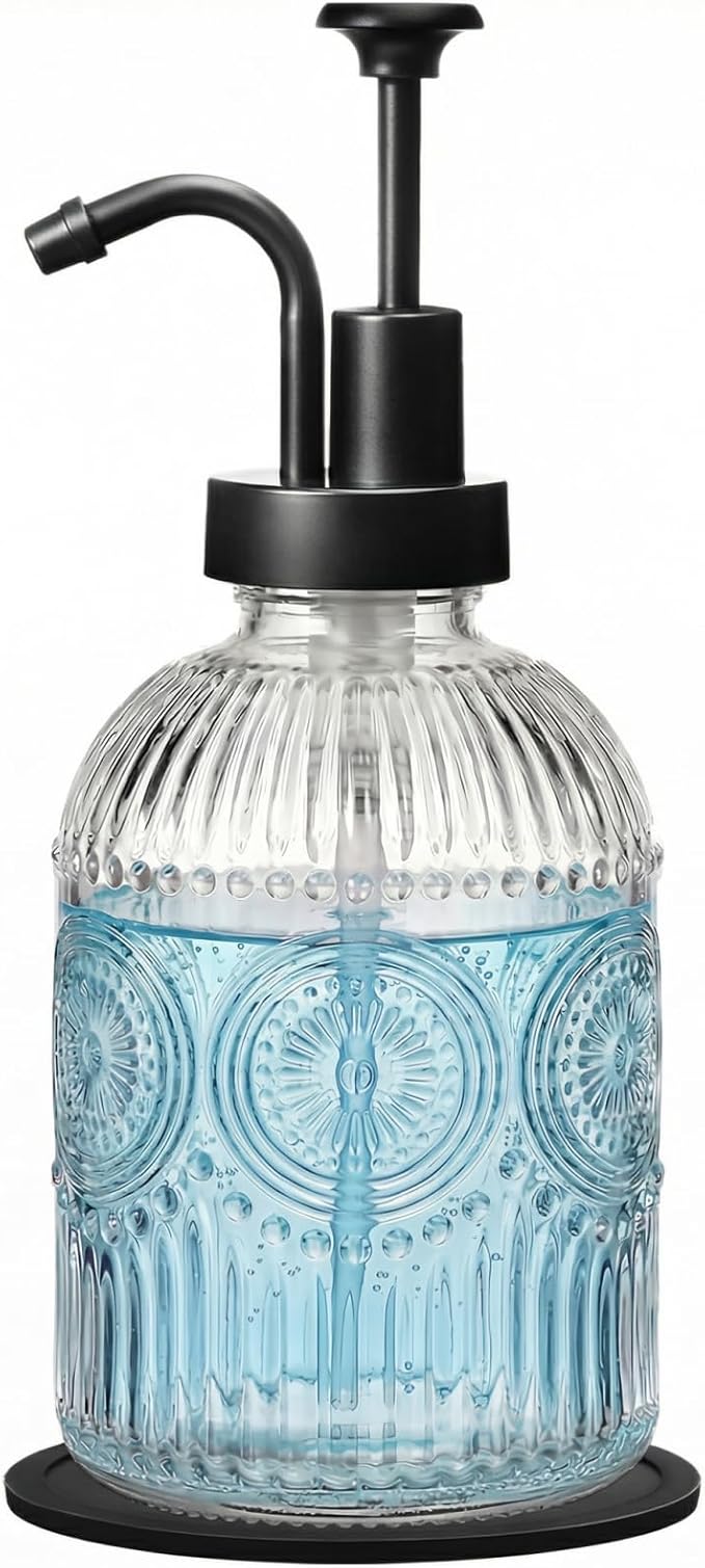 SheeChung 12Oz Vintage Glass Bathroom Soap Dispenser, Kitchen Dish Soap Dispenser with Pump, Refillable Liquid Hand Soap Bottle, Lotion, Antique Rustic Farmhouse Decor (Clear-Black Pump, 1 Pack)