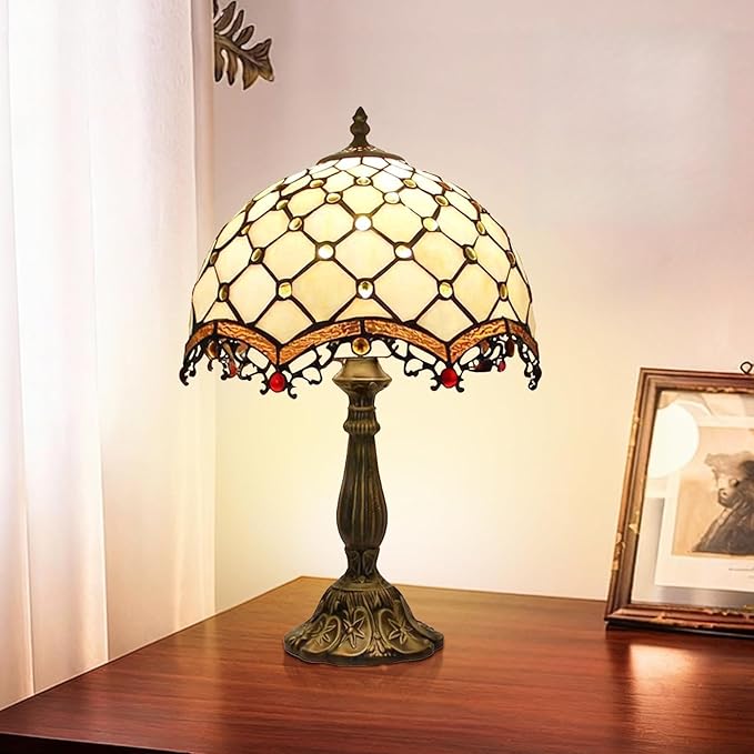Tiffany Lamp Cream Amber Stained Glass Bead Table Lamp Desk Bedside Reading Light 12X12X18 Inches Deco Bedroom Living Room Home Office