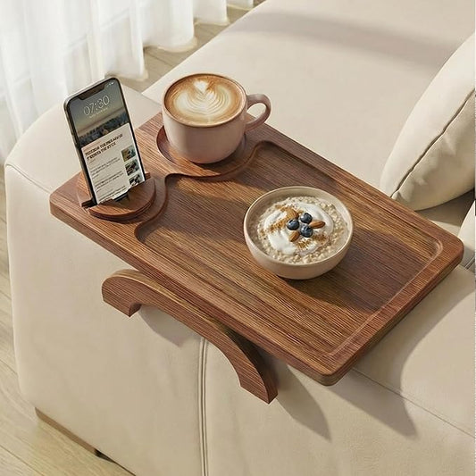 Acacia Wood Sofa Arm Tray - 3-in-1 Couch Arm Table with Phone Holder, Cup Placer & Foldable Tray - Armrest Clip-On Design for Couch with 360° Rotated Phone Holder