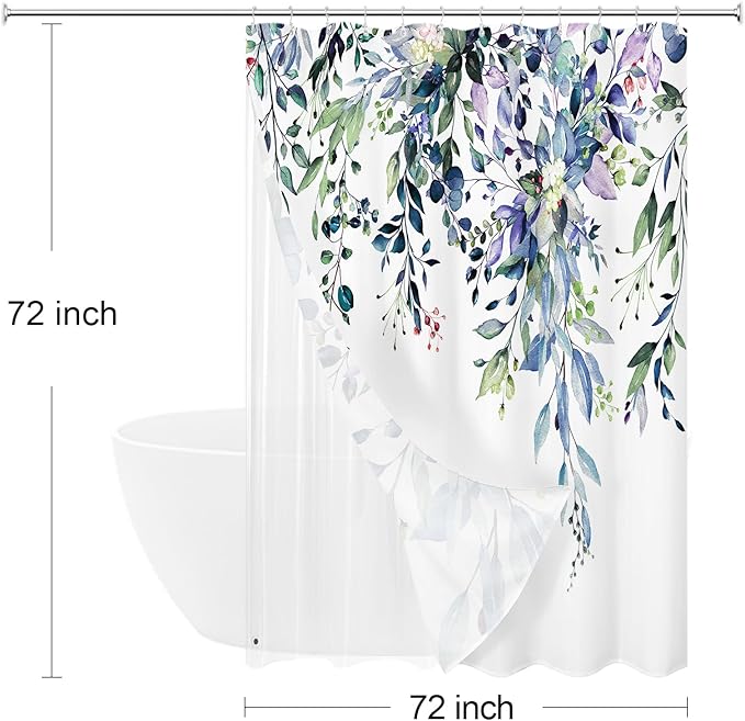 Gibelle 3 in 1 Shower Curtain Set, 72x72 Green Eucalyptus Bath Curtain and PEVA Liner Set with 12 Metal Hooks, Waterproof Fabric Bathroom Curtain