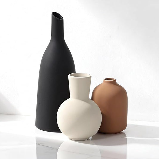 Ceramic Vase Home Table Decor, Pottery Boho Rustic Farmhouse Decor, Small Vases for Coffee & Dinner Table, Mantel, Shelf - Home Decor for Living Room, Bedroom, Office