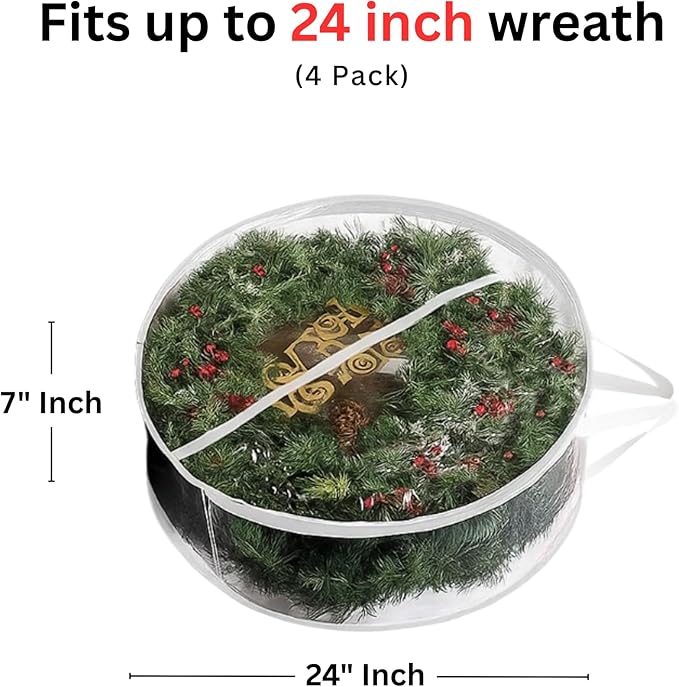 ProPik Christmas Wreath Storage Bag - 4 Pack Clear Christmas Wreaths Container- Garland Holiday Artificial Wreath Storage Holder –Water Proof Transparent PVC (White, 24 Inch)