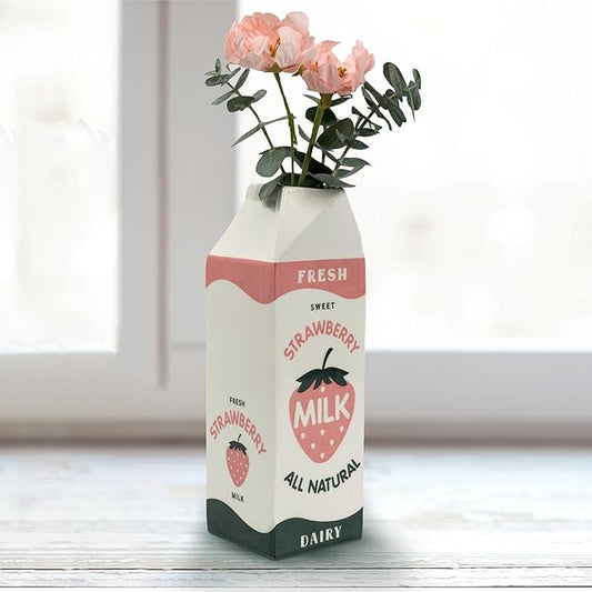 Retro Strawberry Milk Carton vase –Vintage Inspired Kawaii Ceramic -Pink Strawberry Flower vase -Cute Accent Decor for Your Home Kitchen Office