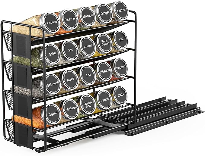SpaceAid Pull Out Spice Rack Organizer with 20 Jars, Heavy Duty Slide Out Seasoning Organizer for Kitchen Cabinets, with 801 Labels and Chalk Marker, Right Facing (Pack of 2)