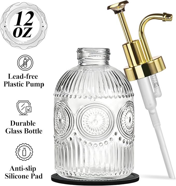 SheeChung 12Oz Vintage Glass Bathroom Soap Dispenser, Kitchen Dish Soap Dispenser with Pump, Refillable Liquid Hand Soap Bottle, Lotion, Antique Rustic Farmhouse Decor (Clear-Gold Pump, 1 Pack)