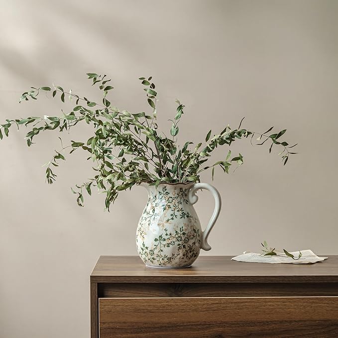 for Mom from Daughter or Son, Green Vintage Chinoiserie Ceramic Pitcher Vase with Handle 7.9”, Rustic Farmhouse Floral Decor for Living Room, Bookshelf, Office Decor