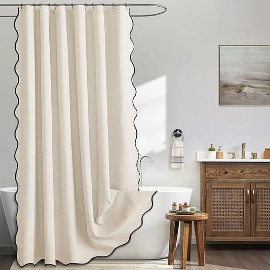 MIULEE 84" Long Scalloped Shower Curtain Linen Textured with 12 Metal Hooks Extra Long Heavy Duty Washable Waterproof Cloth Shower Curtains with Black Border for Bathroom Hotel Bathtub,Light Cream