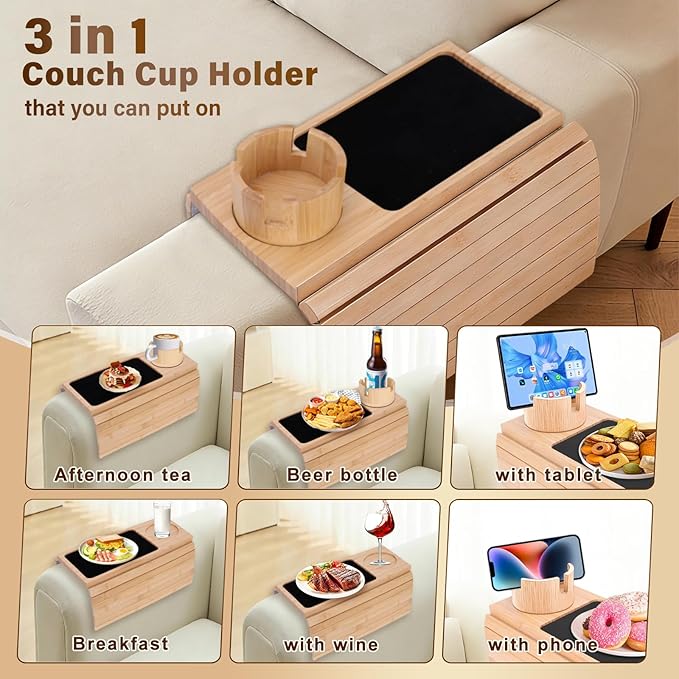 Couch Cup Holder Tray, 3-in-1 Bamboo Couch Armrest Table with 360° Rotating Magnetic and Detachable Phone Holder Stand, Foldable Anti-Slip Sofa Arm Tray for Remote, Phone, Snacks and Drinks