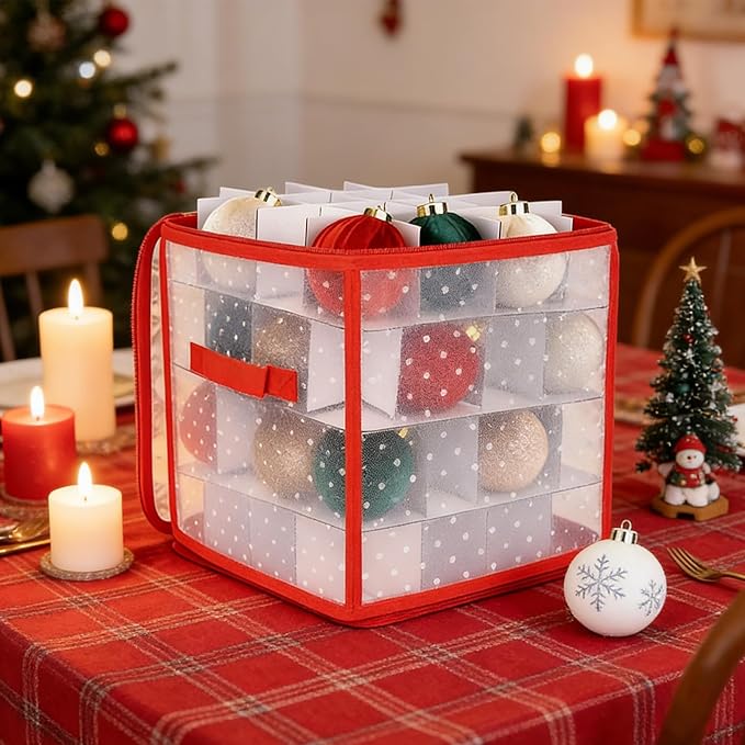 Christmas Decoration Storage | 64-Grids Waterproof Organization - Zippered Decoration Ball Organizer Box | for Under Bed Cabinet Home Basement Apartment Bedroom Garage Attic