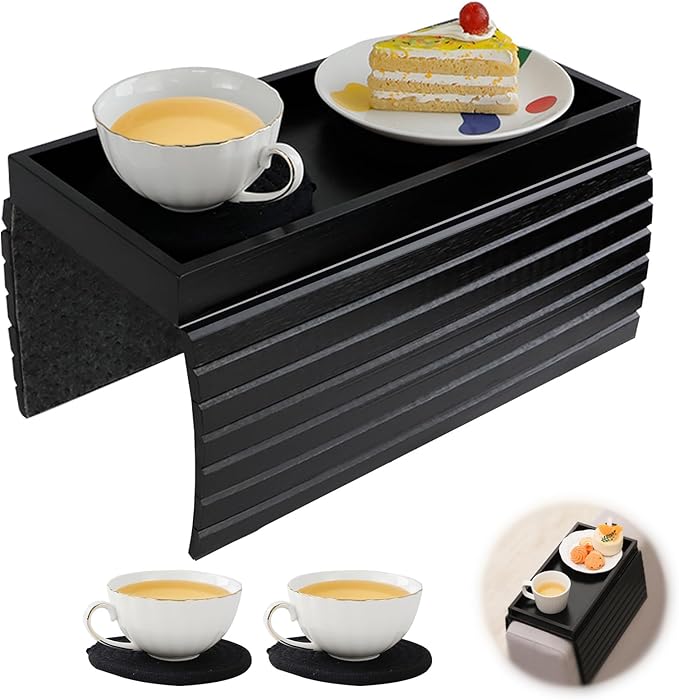 Bamboo Sofa Arm Tray with 2Pcs Cup Mats, Foldable Sofa Armrest Tray Side Table, Anti-Dropping Couch Armrest Table Cup Holder for Eats Drinks Snacks Remote Cellphone Cup Holder(Black)