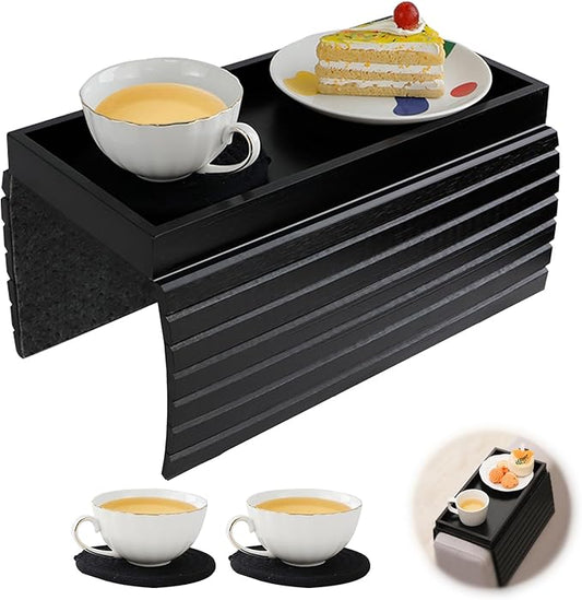 Bamboo Sofa Arm Tray with 2Pcs Cup Mats, Foldable Sofa Armrest Tray Side Table, Anti-Dropping Couch Armrest Table Cup Holder for Eats Drinks Snacks Remote Cellphone Cup Holder(Black)