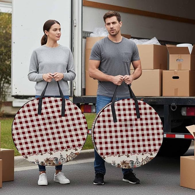 Storage Bag Barn Star Farmhouse Round Storage Totes Bins Closet Organizers with Zippers & Handle Red Buffalo Plaid Clothes Storage Container for Bedroom Dorm Space Saving Packing Supplies Moving Bags