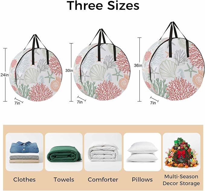 Red Coral Round Storage Bag 36 Inch, Sage Green Starfish Ocean Coastal Seashell Clothes Storage Container with Handles Heavy Duty Organizer for Comforter, Bedding & Holiday Wreaths