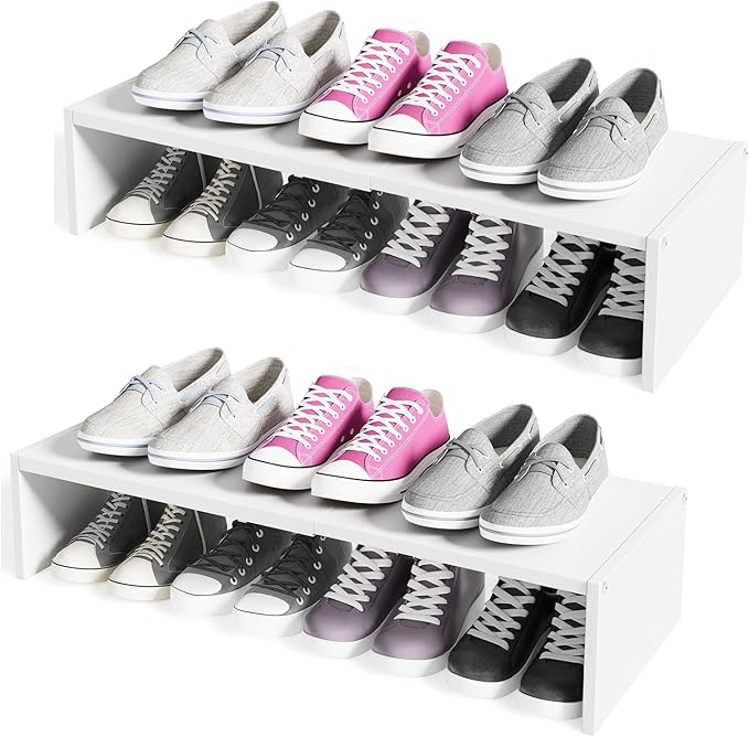 Cidaziya 2 Pack Expandable 1 Tier Shoe Rack for Shoe Cabinet, 1 Tier Stackable White Shoe Shelf Organizer for Closet, Sturdy Metal and Wood Structure, Hold 12-16 Pairs of Shoes