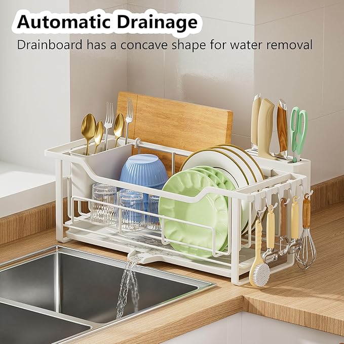 AIDERLY Narrow Dish Drying Rack for Kitchen Counter Auto Drain Iron Dish Drainer with Removable Cutlery Basket, White