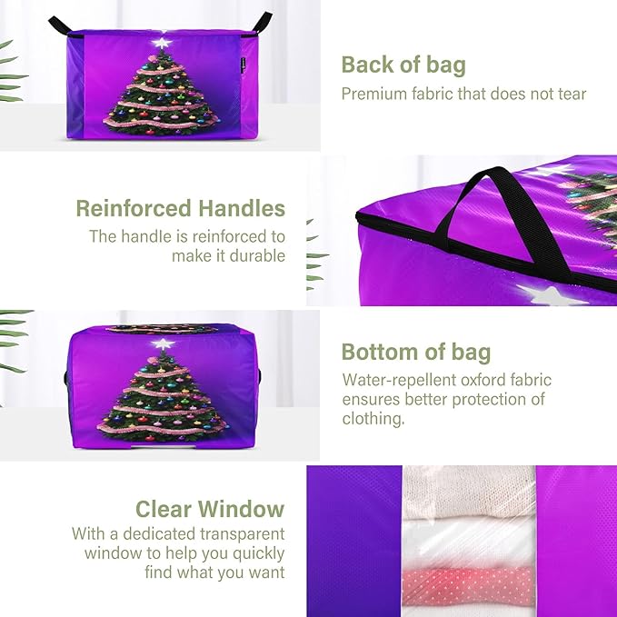 Burbuja Christmas Tree Clothes Storage Bag with Lids and Handle, 2 Pack Foldable Blanket Storage Container with Sturdy Zipper & Clear Window for Bedroom Closet, 60L