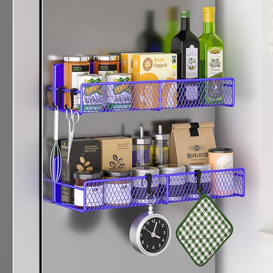 Magnetic Spice Rack for Refrigerator, 2 Pack 100% Metal Strong Magnet Shelf, Space Saving Spice Organizer W/ Hooks, Movable Magnetic Fridge Shelf, Kitchen Home Laundry Storage Organization,Purple Blue
