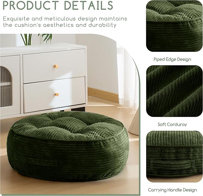 HIGOGOGO 8" Extra Thick Floor Pillow Cushion for Adults, Meditation Cushion Pillow, Large Round Floor Sitting, Tufted Corduroy Cover, for Tatami Living Room or Yoga, 22x22 Inch, Dark Green