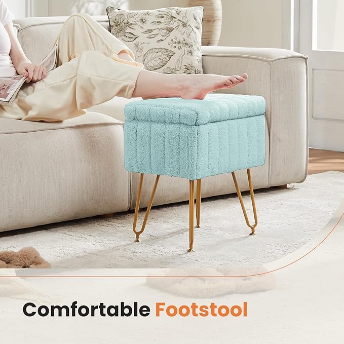 DUMOS Vanity Stool Chair, Ottoman with Storage, Makeup Cute Soft Small Footstool, Modern Style Faux Fur Seat with 4 Metal Legs & Adjustable Feet for Dressing, Living Room, Bedroom, Dorm, Green