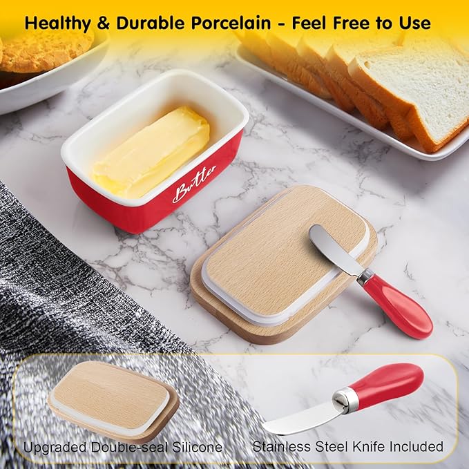 ALELION Red Butter Dish with Lid and Knife for Countertop, Ceramic Butter Container with Beech Wood Lid, Airtight Butter Keeper for Counter, for Red Kitchen Decor and Accessories
