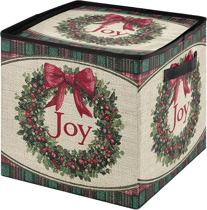 Jingle Bells Christmas Ornament Storage Basket Box Red Green Buffalo Plaid Holiday Storage Container Cube with Adjustable Dividers for 64 Holiday Ornaments or Decorations Keeps Clean and Dry