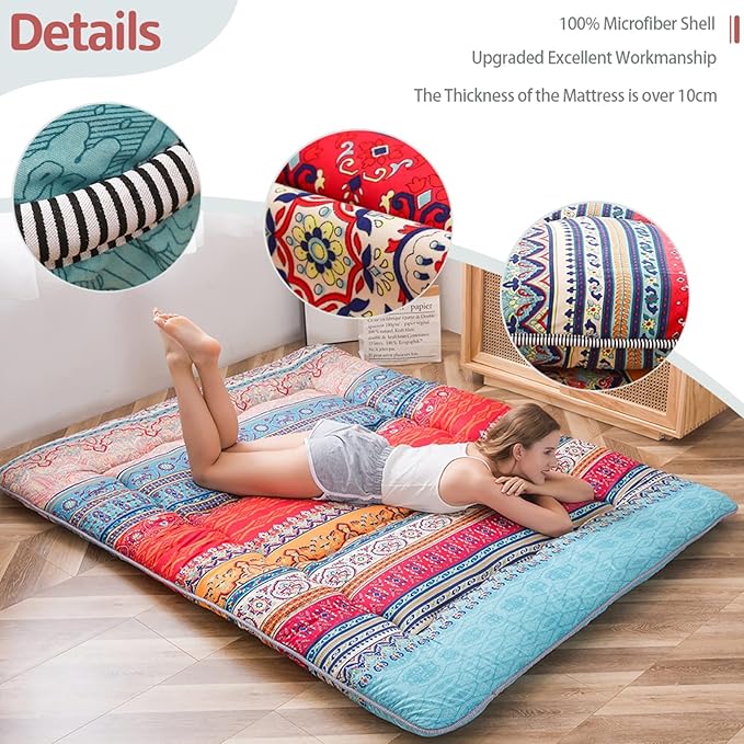 MAXYOYO Bohemian Retro Vintage Floral Japanese Futon Mattress Roll Up Tatami Floor Foldable Mat Portable Camping Mattress Sleeping Pad Floor Lounger Couch, King