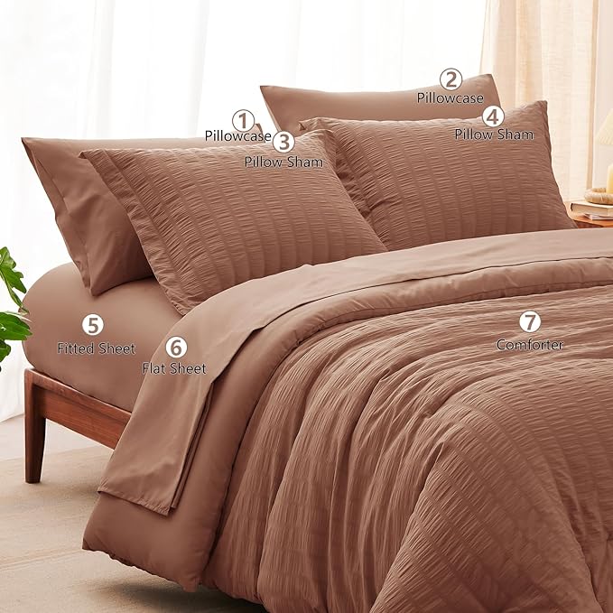 CozyLux King Size Comforter Set Mocha Mousse Seersucker 7 Pieces Bed in a Bag King Comforter Set with Sheets, Luxury Soft Bedding Sets with Down Alternative Comforter, Sheets, Pillowcases & Shams