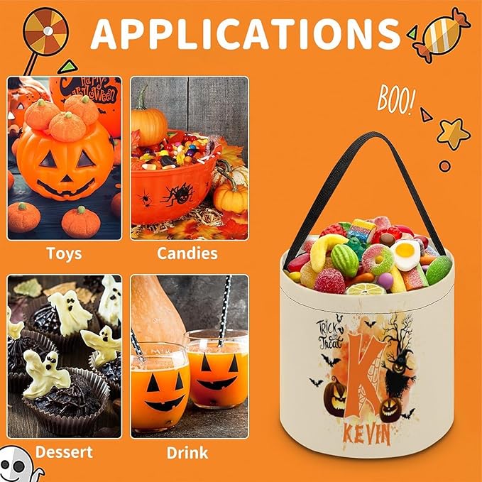Personalized Halloween Trick or Treat Candy Bag with Name Custom Text Party Tote Bucket Halloween Candy Basket Gift (Bag-2)