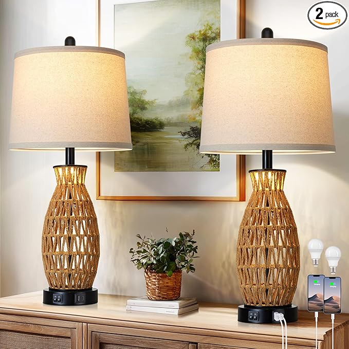 CINSARY 27" Rattan Table Lamps Set of 2 with Night Light, Boho Wicker Bedside Lamp for Bedroom with USB A+C Ports, Coastal Handwoven Woven Nightstand Lamps, Nautical Living Room Lamp for End Table