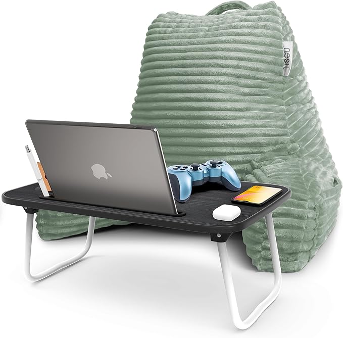 Nestl Sage Green Reading Pillow with Bed Desk for Laptop and Writing, Luxe Cut Plush Back Pillow for Sitting Up, Back and Arms Adjustable Support for Adult and Teens, Foldable Lap Desk for Bed 22x14”