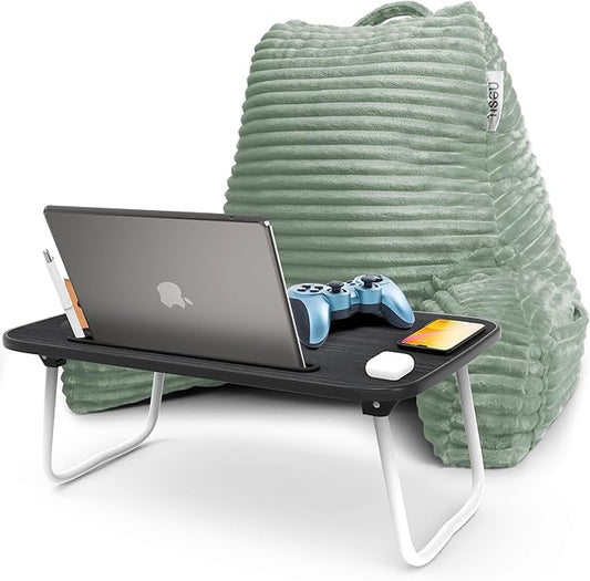 Nestl Sage Green Reading Pillow with Bed Desk for Laptop and Writing, Luxe Cut Plush Back Pillow for Sitting Up, Back and Arms Adjustable Support for Adult and Teens, Foldable Lap Desk for Bed 22x14”